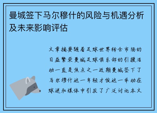 曼城签下马尔穆什的风险与机遇分析及未来影响评估