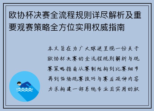 欧协杯决赛全流程规则详尽解析及重要观赛策略全方位实用权威指南