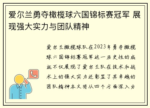 爱尔兰勇夺橄榄球六国锦标赛冠军 展现强大实力与团队精神